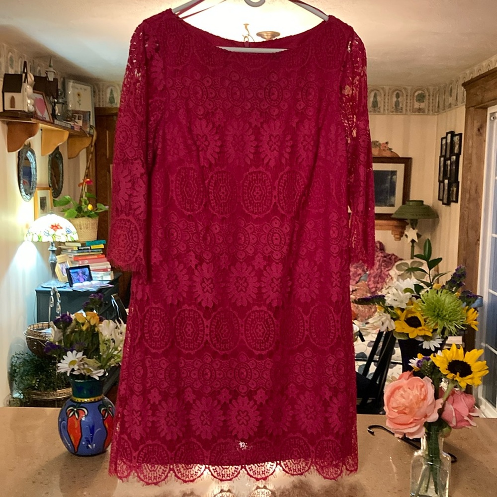 Sweet fucia all occasion lace dress. Great condition 14P. Above knee length.